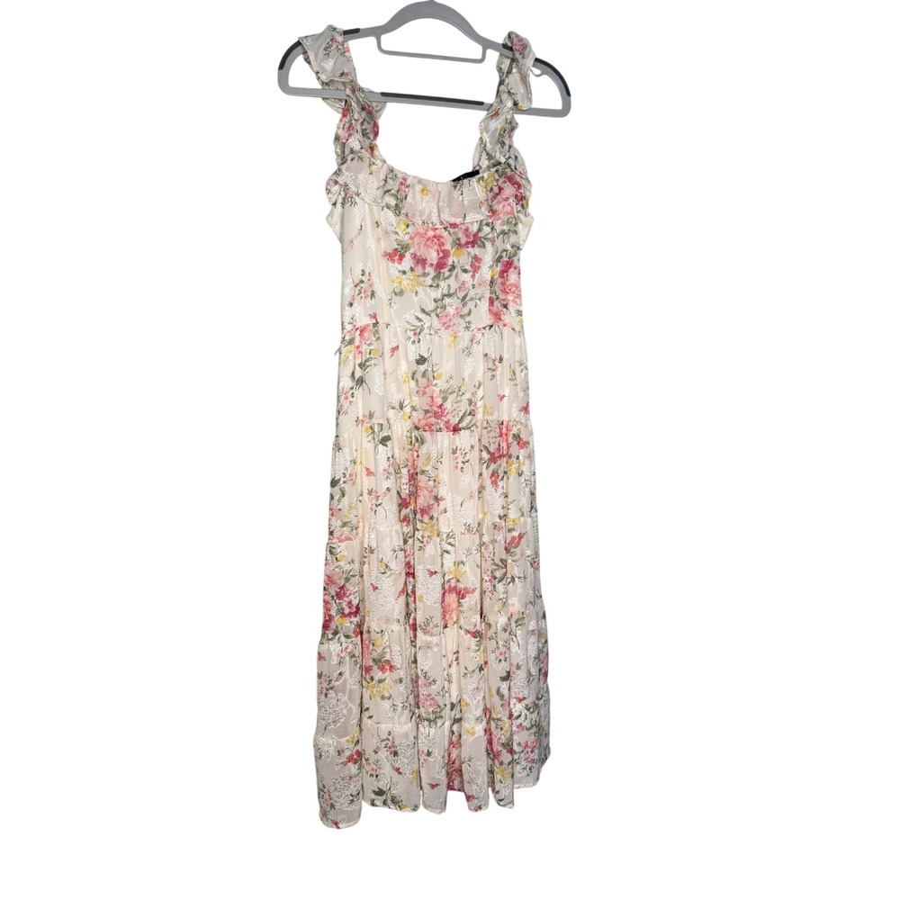 Lulus‎ white floral midi dress romantic whimsical fairycore flowy ruffle sleeves